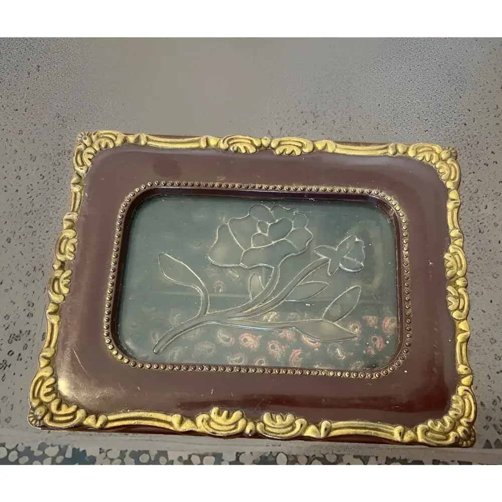 VTG Ornate Dark Red Gold Resin Celluloid Jewelry Box Roses Embossed Details